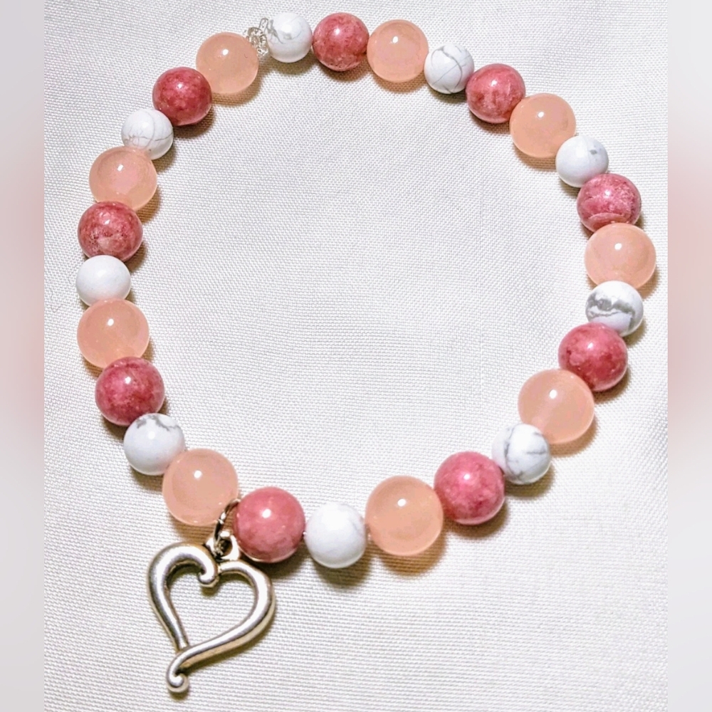 Rose Quartz, Rhodonite, Howlite & Heart Charm Gemstone LOVE Intention Bracelet